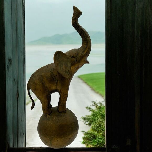 Vintage Brass Elephant on Ball Figure 17” inches tall